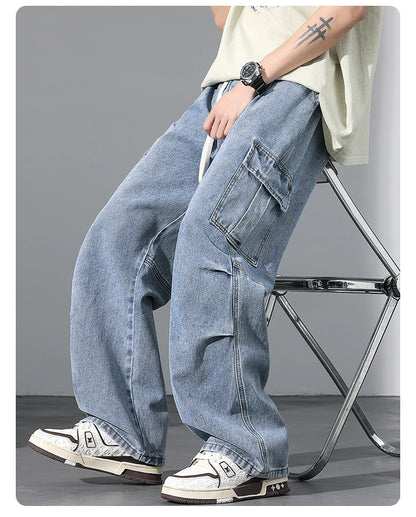 Large Pocket Baggy Solid Jeans Men's 2026 New Spring Classic Straight Denim Trousers Street Y2K Elastic Waist Casual Cargo Pants