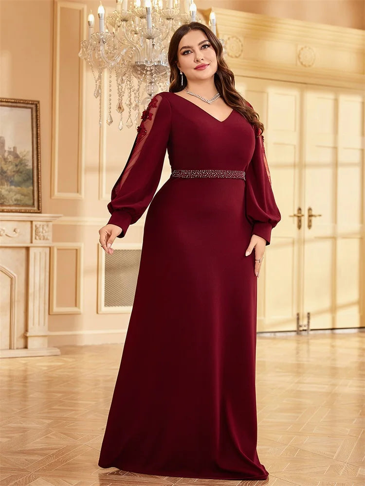 Plus Size Luxury V-Neck Red Long Sleeves Applique Formal Evening Dresses Women V-back Wedding Party Maxi Guest Gowns