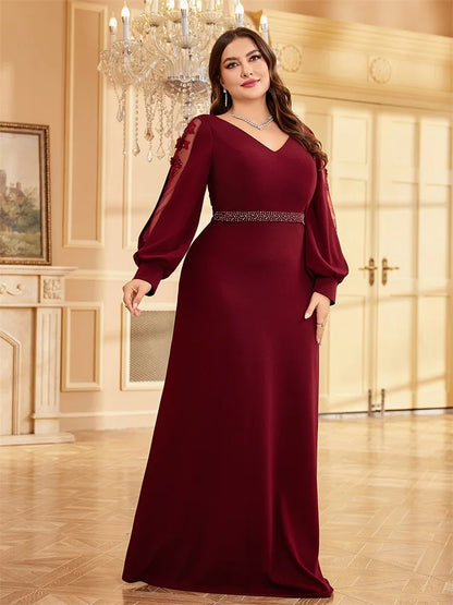 Plus Size Luxury V-Neck Red Long Sleeves Applique Formal Evening Dresses Women V-back Wedding Party Maxi Guest Gowns