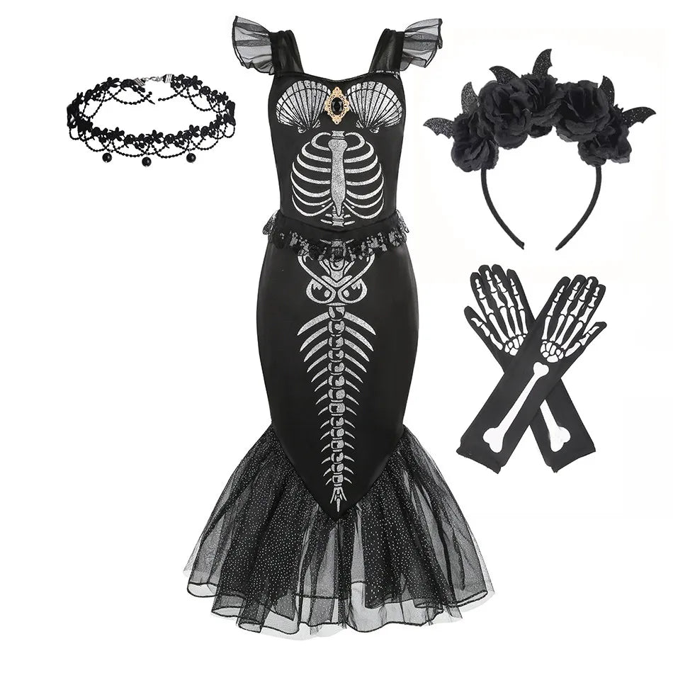 Fantasia de Esqueleto de Sereia Horripilante para Meninas Pequenas Halloween Princesa Gótica Vestido Trompete Ariel Negra Sereia Cosplay Vestido Roupa