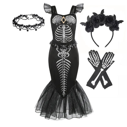 Fantasia de Esqueleto de Sereia Horripilante para Meninas Pequenas Halloween Princesa Gótica Vestido Trompete Ariel Negra Sereia Cosplay Vestido Roupa