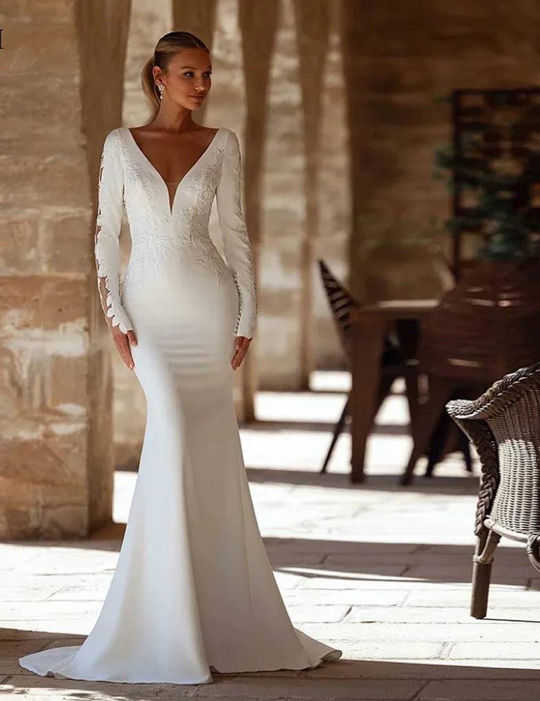 Customized Graceful V-Neck Mermaid Satin Wedding Dresses Long Sleeves Lace Appliques Bridal Gowns Sexy Backless Wedding Dress