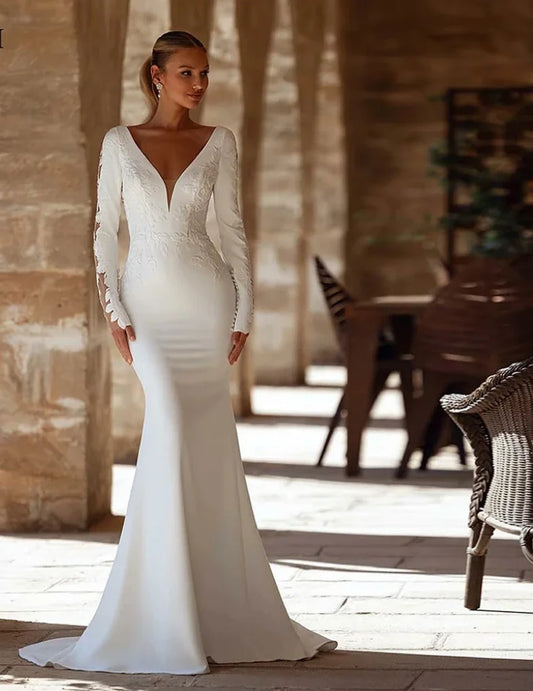 Customized Graceful V-Neck Mermaid Satin Wedding Dresses Long Sleeves Lace Appliques Bridal Gowns Sexy Backless Wedding Dress