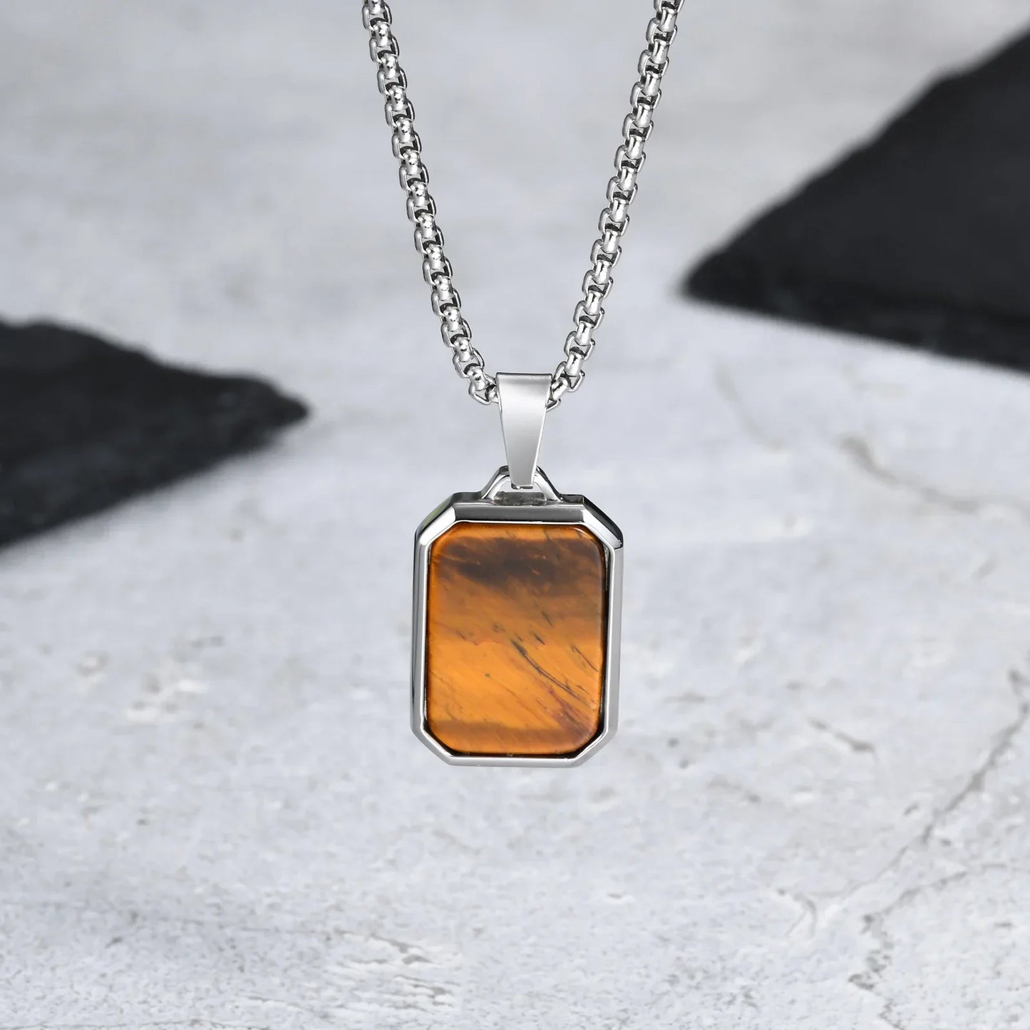 Trendy Pendant Necklaces for Men Boys,Square Natural Stone Stainless Steel Necklaces,Hip Hop Cool Healing Jewelry Gifts