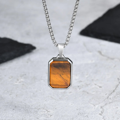 Trendy Pendant Necklaces for Men Boys,Square Natural Stone Stainless Steel Necklaces,Hip Hop Cool Healing Jewelry Gifts