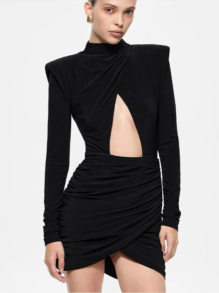 Hollow Out Long Sleeve Solid O Neck Hip Wrap Sheath Zipper Women Dresses Party Outfits Female Bodycon Vestidos Robes