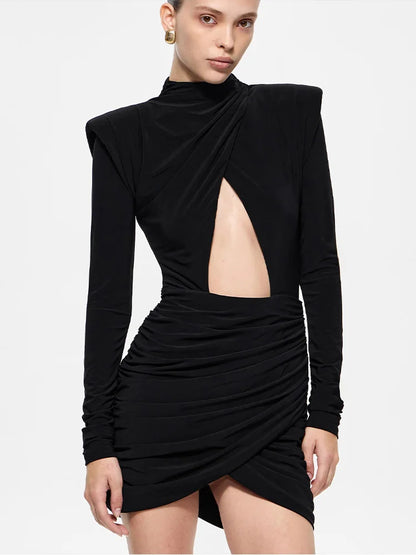 Hollow Out Long Sleeve Solid O Neck Hip Wrap Sheath Zipper Women Dresses Party Outfits Female Bodycon Vestidos Robes