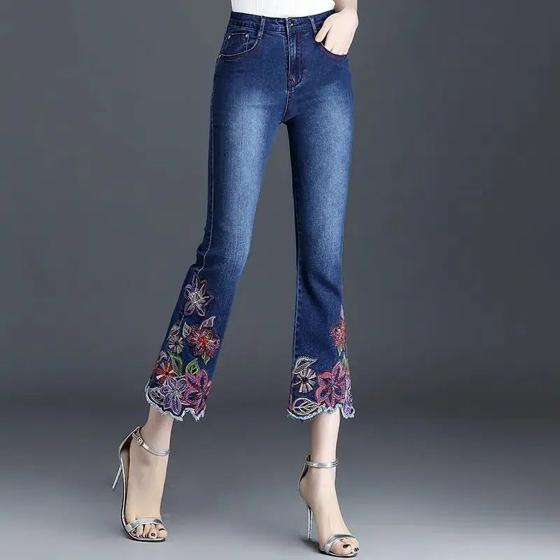 Women Embroidery Flowers Flare Jeans