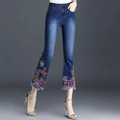 Women Embroidery Flowers Flare Jeans
