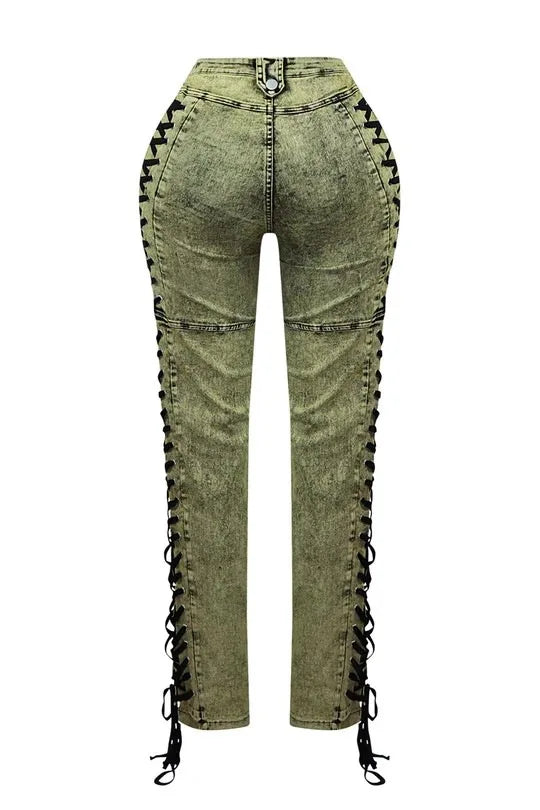 Spliced Draw String Denim Ankle Length Pants