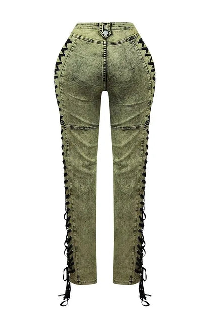 Spliced Draw String Denim Ankle Length Pants