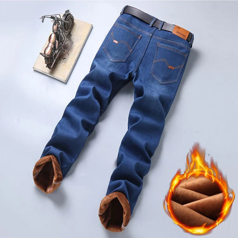 Men New Fashion Winter Warm Jeans Male Fleece Lined Thickened Denim Pants Loose Straight Comfortable Casual Black Blue Trousers