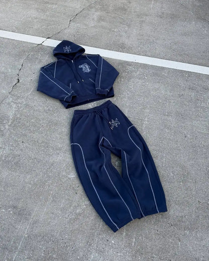American Y2K Casual Zipper Hoodie Sweatpant Two Piece Set HipHop Oversized Embroidery Sweatshirts Men Women Casual Pants