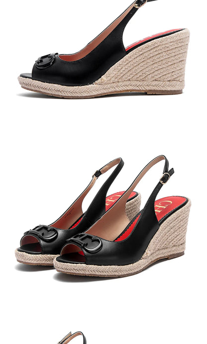 sandals summer women's casual shoes Gold INITIALS INSIGNIA PU LEATHER WEDGES Luxury brand wedge shoeses