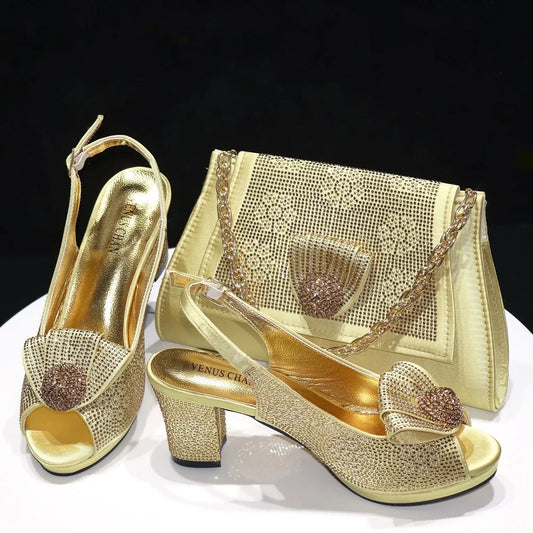 Italian Design Girly Style Golden Color Wedding Shoes And Bag Full Diamond Decoration Metal Closure Bags