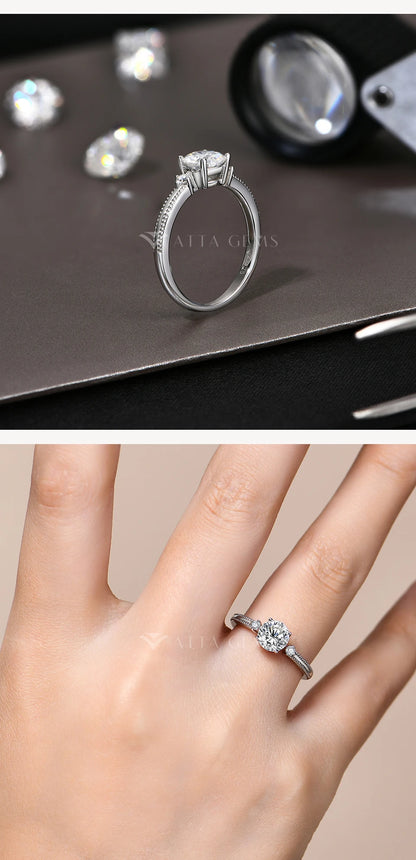 1CT 6.5mm Round Cut Moissanite Ring for Women 925 Silver 18K Gold Plated Bead Edge Design Engagement Party Jewelry Gift
