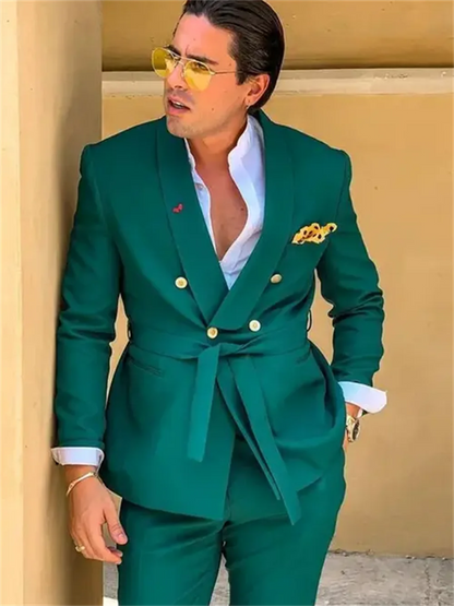 2 Peças Ternos Verdes Masculinos Slim Fit Abotoamento Duplo Lapela Xale Conjunto de Smoking Formal para Casamento Traje Americana Hombre
