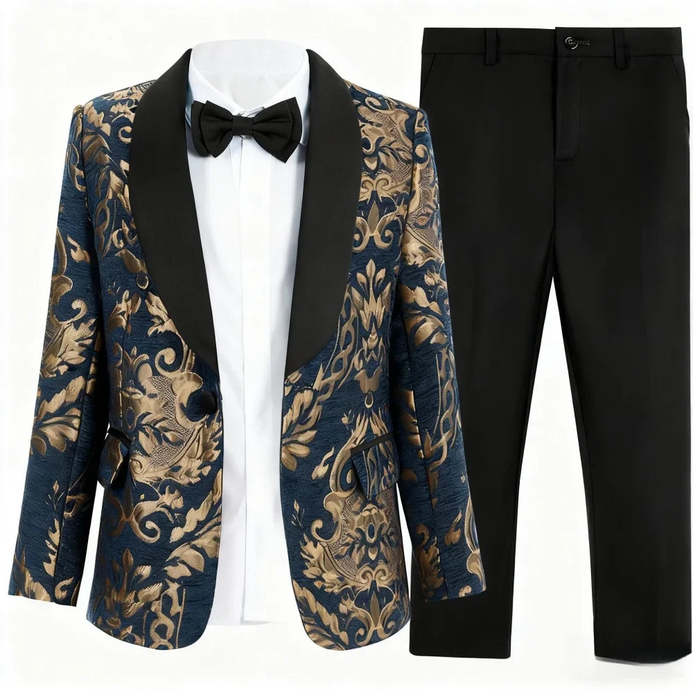 Premium Gold Embroidery Suit Set for Boys 3-14 Yrs Communion Suit Jacket Vest Pants Set Stylish Shawl Collar Children Tuxedo