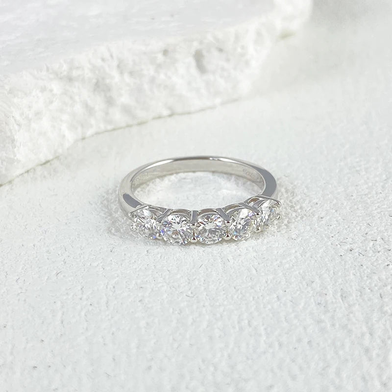 Full 4mm Moissanite Ring for Women 5 Stones Diamond Wedding Band Bride S925 Sterling Silver with White Gold Plated Rings