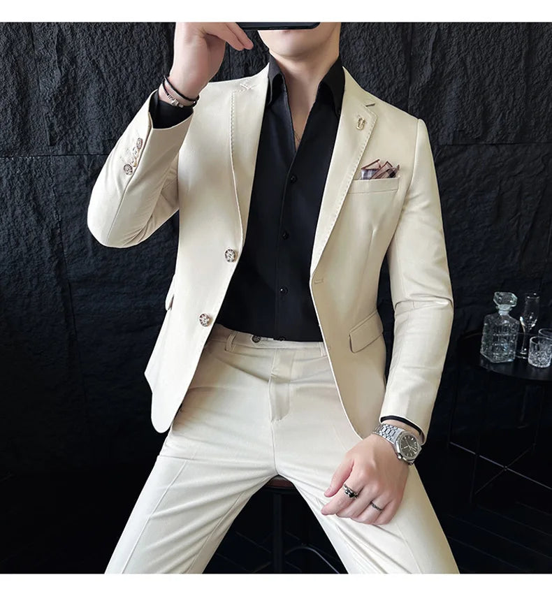 Men's Korean Style Slim Fit Suit Set, High Quality Fabric Solid Color Edge Pressing for Wedding Business