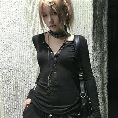 Y2k Japanese T Shirt Women Lace Long Sleeve Print Graphic Tops Streetwear American Retro 90s Crop Tops Autumn Tshirts