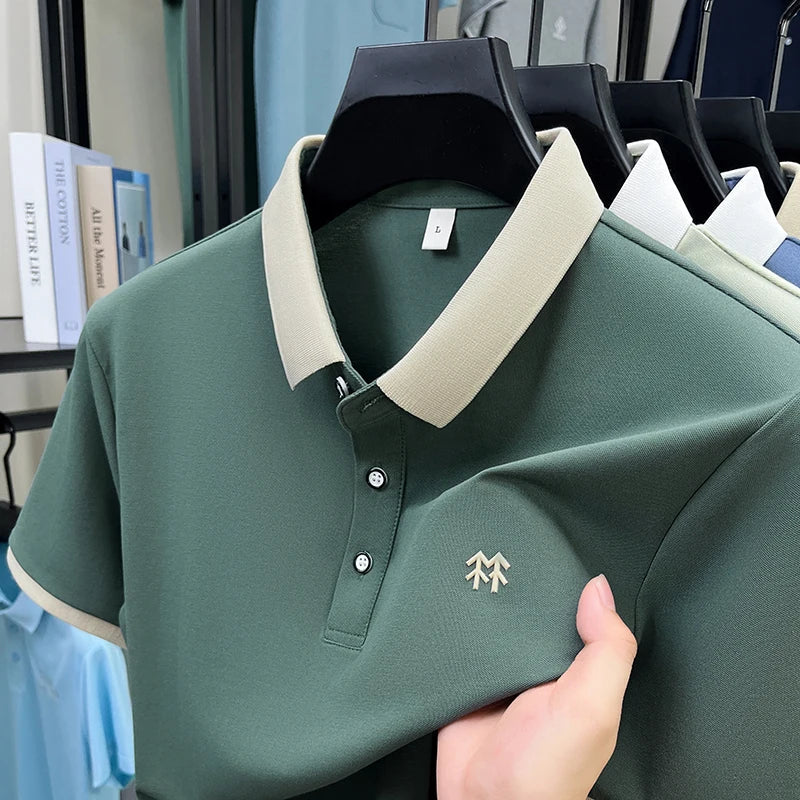 Designer brand silk cotton short sleeve polo shirt summer new Korean casual men's T-shirt fashion embossed soft breathable top