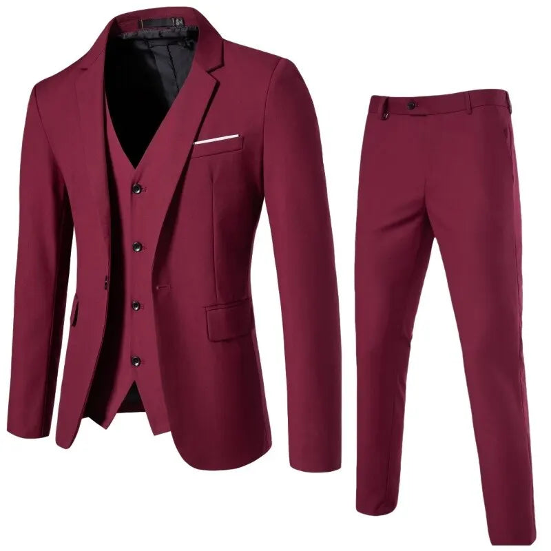 Suit Men's (Blazer+ Vest + Trousers) Fashionable Business Solid-color Wedding British-style Workwear, Casual Performance Suit