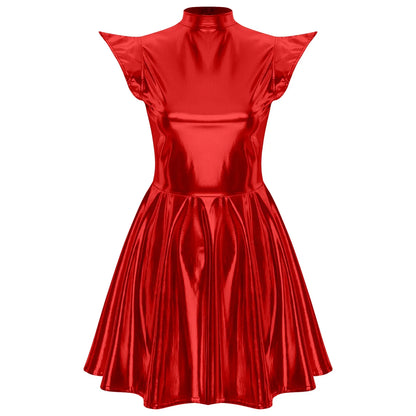 Womens Cocktail Dress Shiny Metallic Dress Alien Space Cap Sleeve High Waist A-line Dress for Halloween Party High Street Dress