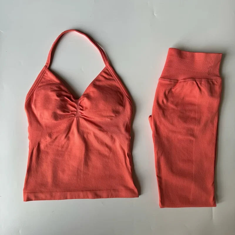 2 Pieces Set Leggings Set Women Backless Tank Tops High Waist Scrunch Gym Suit Fitness Clothes Outfit Workout Yoga Set