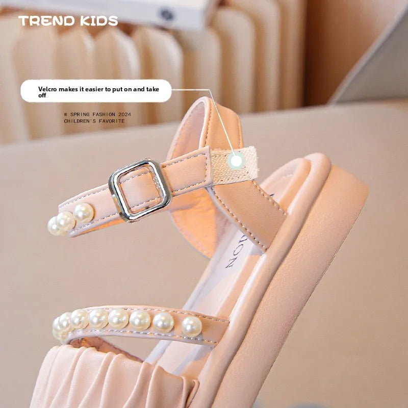 Girls Sandals Kids Summer Shoes Children's Beach Sandals with Pearls Princess Sweet Anti-slippery Open Toes Lace Chic Beading