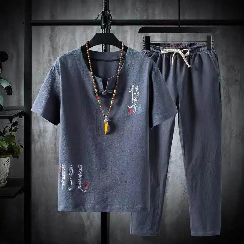 (Shirt + trousers) 2025 summer Chinese Style men shirt Cotton and linen shirts men's High quality casual shirts Two Piece M-5XL