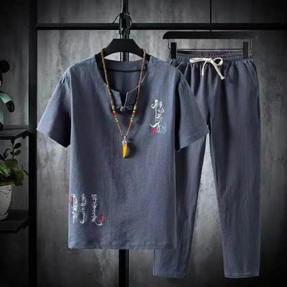 (Shirt + trousers) 2025 summer Chinese Style men shirt Cotton and linen shirts men's High quality casual shirts Two Piece M-5XL