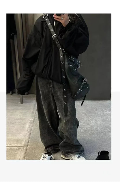 High Street Vintage Handbag Women New Rivet Large Capacity Casual Crossbody Bags Ladies Moto Biker Black Messenger Bag