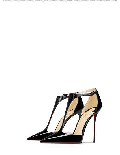Black patent leather T-belt bag with nightclub sexy 12cm ultra-fine heel pointed party European and American high-heeled sandals