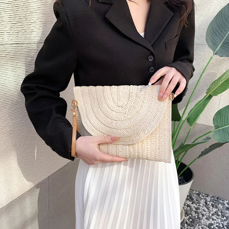Straw Woven Shoulder Crossbody Bag Beach Clutch Handbag Casual Summer Handmade Envelope Bags for Women Totes Purse