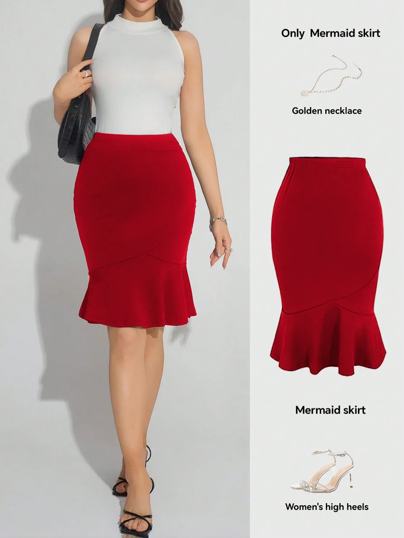 Women Red High Waist Mermaid Bodycon Skirt Ruffle Hem Stretchy Slim Fit Sexy Skirt Spring Summer Elegant Office Party Midi Skirt