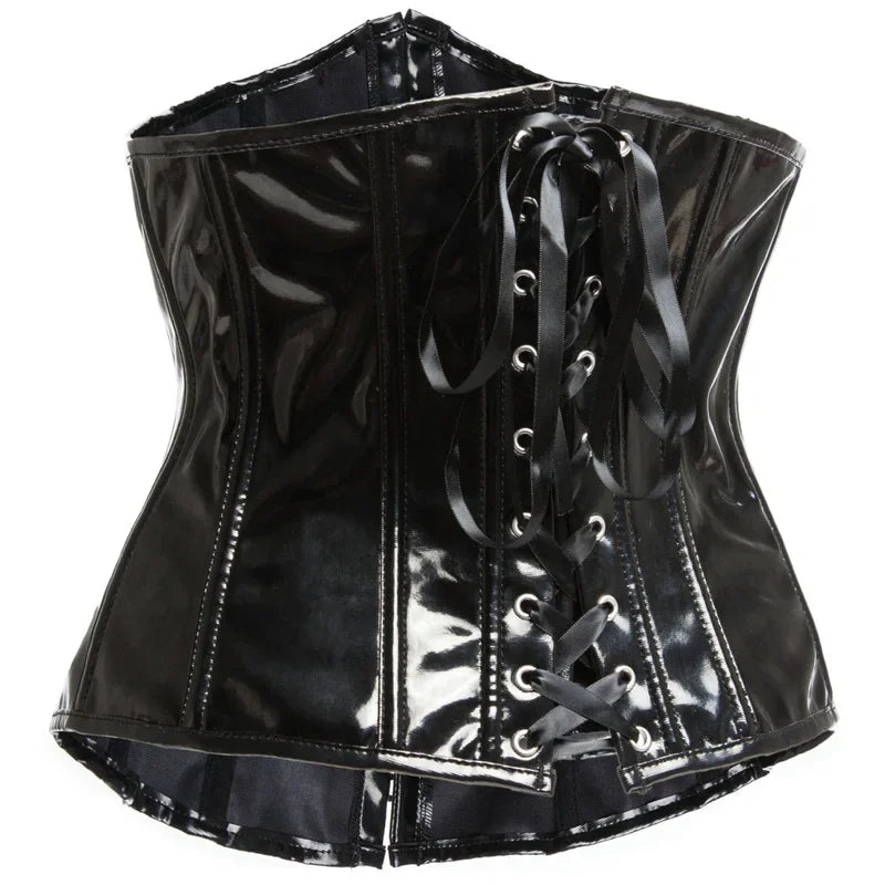 Black PVC Vinyl Corset Top Women Leather Underbust Bustiers Lace Up Plastic Boned Body Shaper Short Torso Sexy Corselet