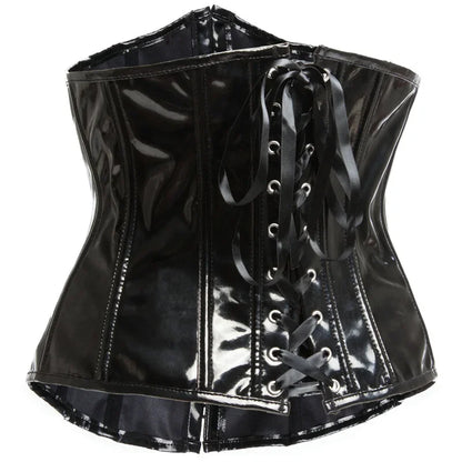 Black PVC Vinyl Corset Top Women Leather Underbust Bustiers Lace Up Plastic Boned Body Shaper Short Torso Sexy Corselet
