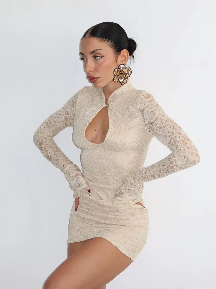 Lace Women's Mini Dresses Solid Sheer Hollow Out Turtleneck Long Flare Sleeves Sheath Bodycon Streetwear Vestidos