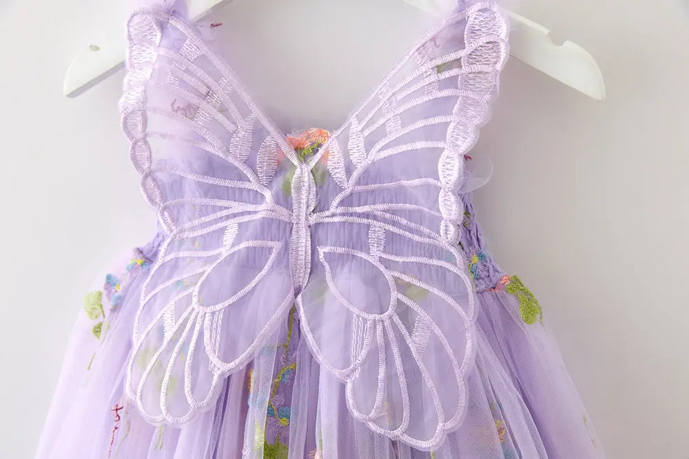 Girls Princess Dress with 3D Wings - Sparkle Tulle Sleeveless Gown, Fairy Puffy Party Dress for Birthday & Holiday