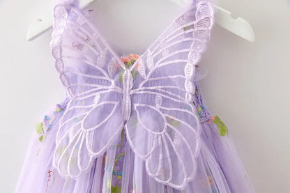 Girls Princess Dress with 3D Wings - Sparkle Tulle Sleeveless Gown, Fairy Puffy Party Dress for Birthday & Holiday