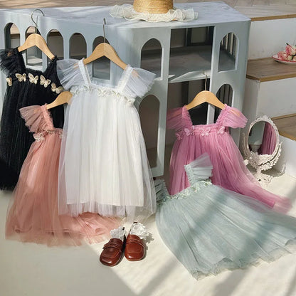 Summer Kids Sweet Mesh Dress Girls 5 Colors Suspended 3D Butterfly Skirt Children Tutu Princess Dress
