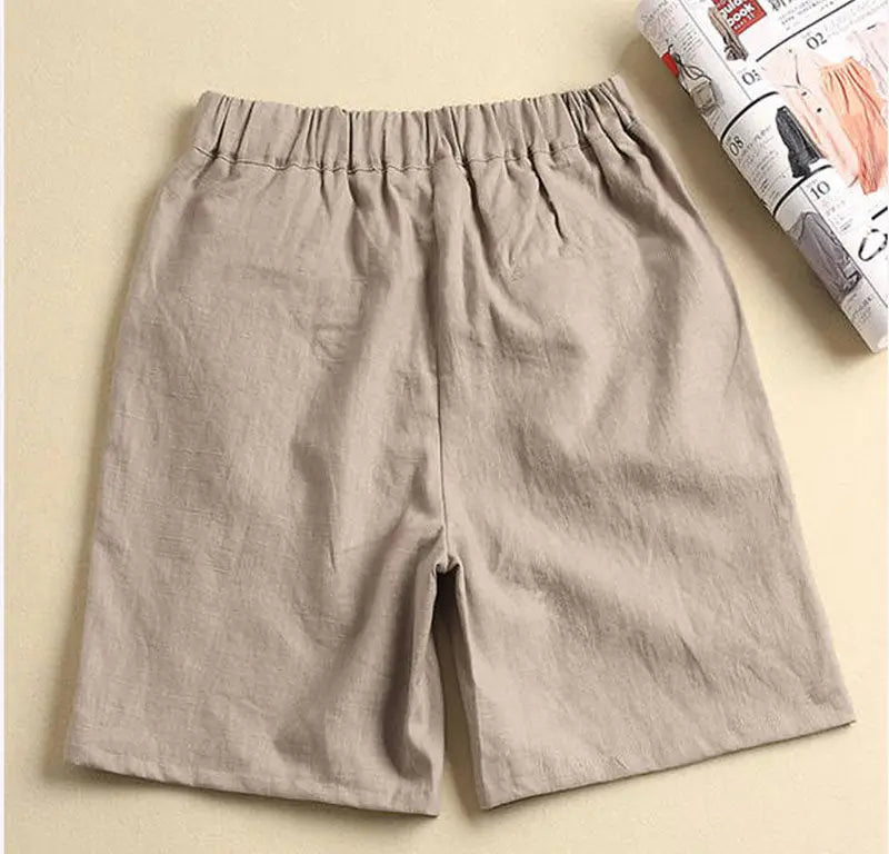 Khaki Solid Casual Linen Cotton Elastic High Waist Wide Leg Button Loose Women's Shorts Korean Fashion Summer Shorts Women 2024