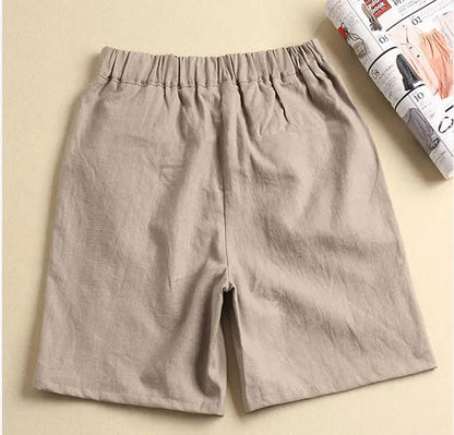 Khaki Solid Casual Linen Cotton Elastic High Waist Wide Leg Button Loose Women's Shorts Korean Fashion Summer Shorts Women 2024