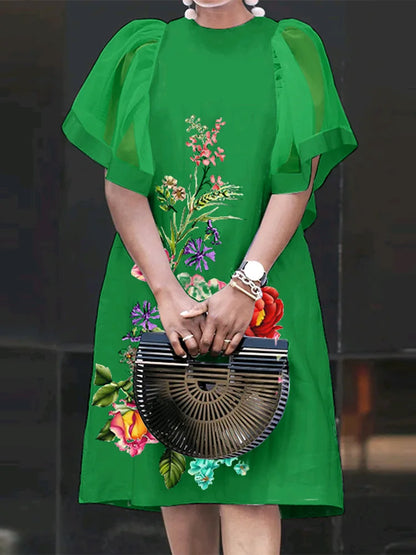 Women Vintage Vestidos Solid Mesh Patchwork Sundress Casual Summer Mini Dress Party Ruffle Short Sleeve Loose Dresses