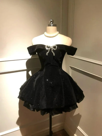 Summer French Elegant Bow Dress Women Gothic Black Vintage Mini Dress Sweet Fashion Off Shoulder Slim Fit Chic Party Outfits New