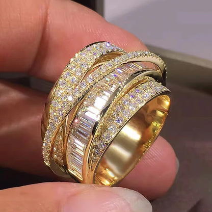 Gold Color Rings Gorgeous Women Wedding Accessories Full Sparkling Cubic Zirconia Party Luxury Trendy Jewelry