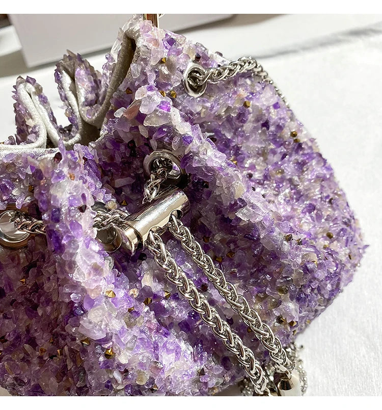 Luxury Designer Purple Stones Evening Clutch Bag Wedding Party Bucket Purse Metal Handle Women's Handbag Shoulder Messenger Bag