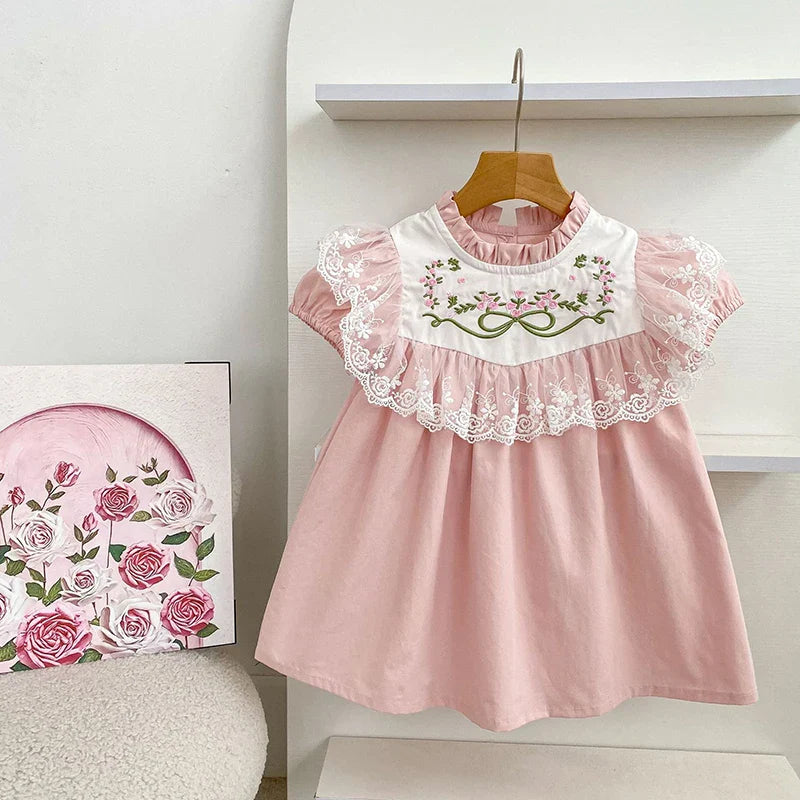 2026 New Summer Sister Clothing Short Sleeved Cotton Embroidery Kids Princess Dress 2-6Y Baby Girl Birthday Party Lace Dress