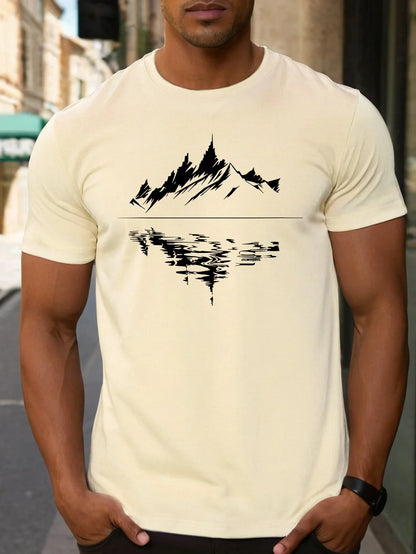 Men's summer 100 pure cotton fashionable casual loose fit plus mountain reflection printed round neck short sleeved T-shirt top